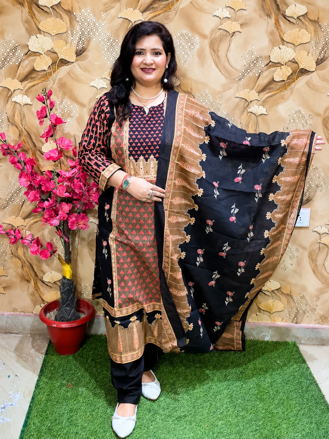 Pure Premium Cotton 3-Piece Kurta Set for Women with Dupatta & Pocket Black