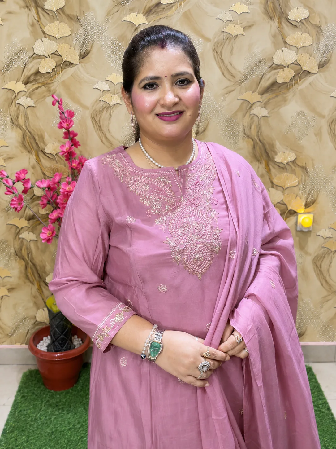Women's Pink Silk A-Line 3 Piece Suit Set with Cotton Lining & Zari Sequence Work 