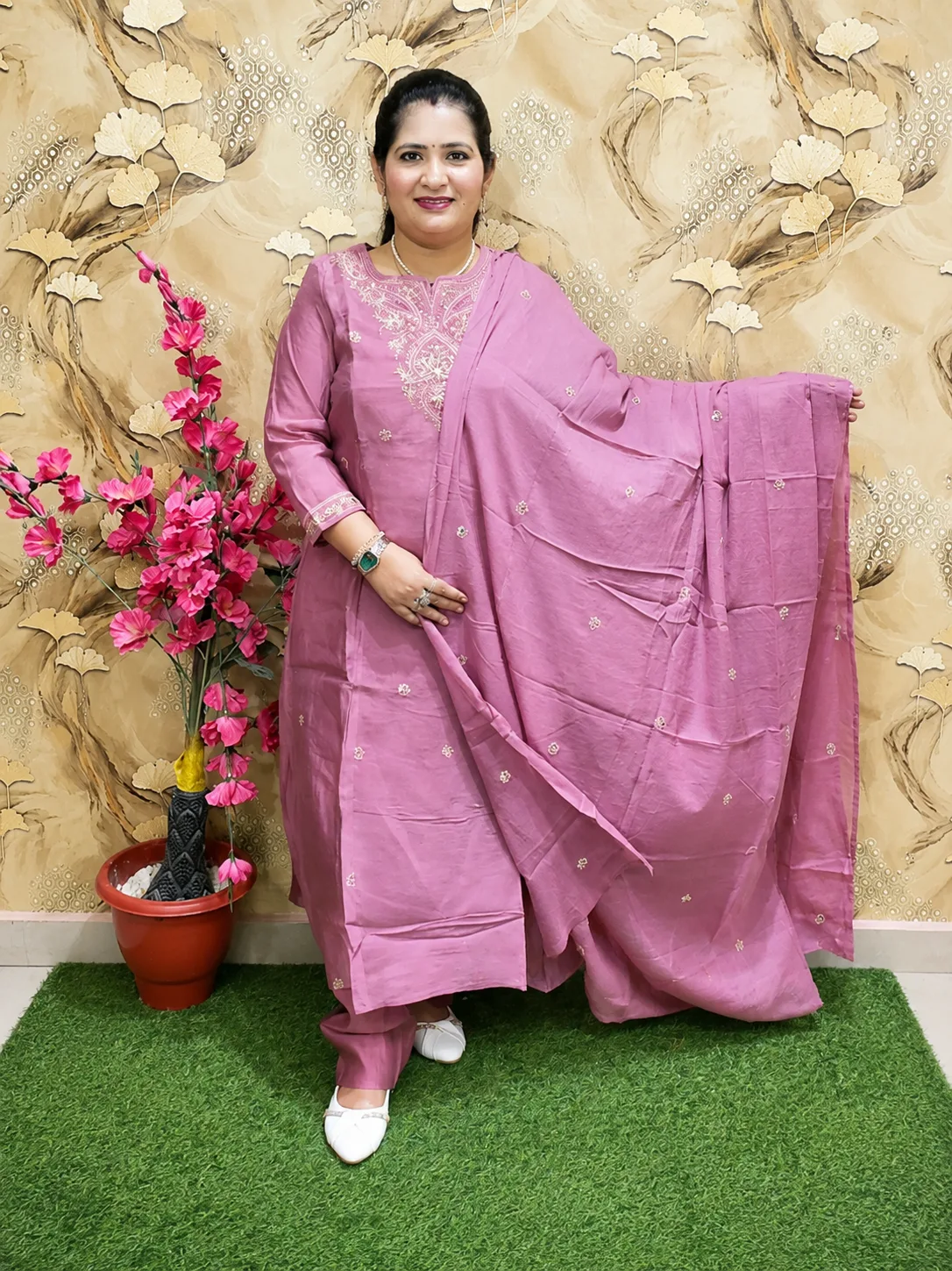 Women's Pink Silk A-Line 3 Piece Suit Set with Cotton Lining & Zari Sequence Work