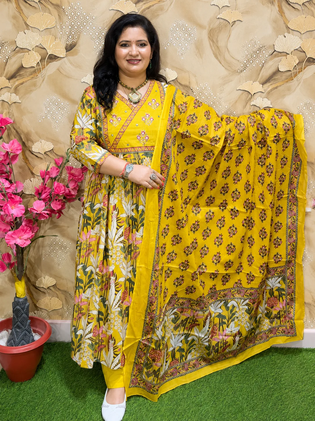 Floral Printed Pure Cotton Gathered Anarkali Kurta Pant Dupatta Set for Women