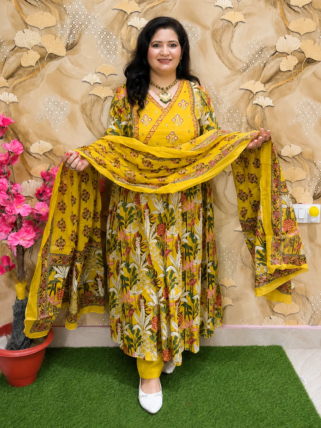 Floral Printed Pure Cotton Gathered Anarkali Kurta Pant Dupatta Set for Women 