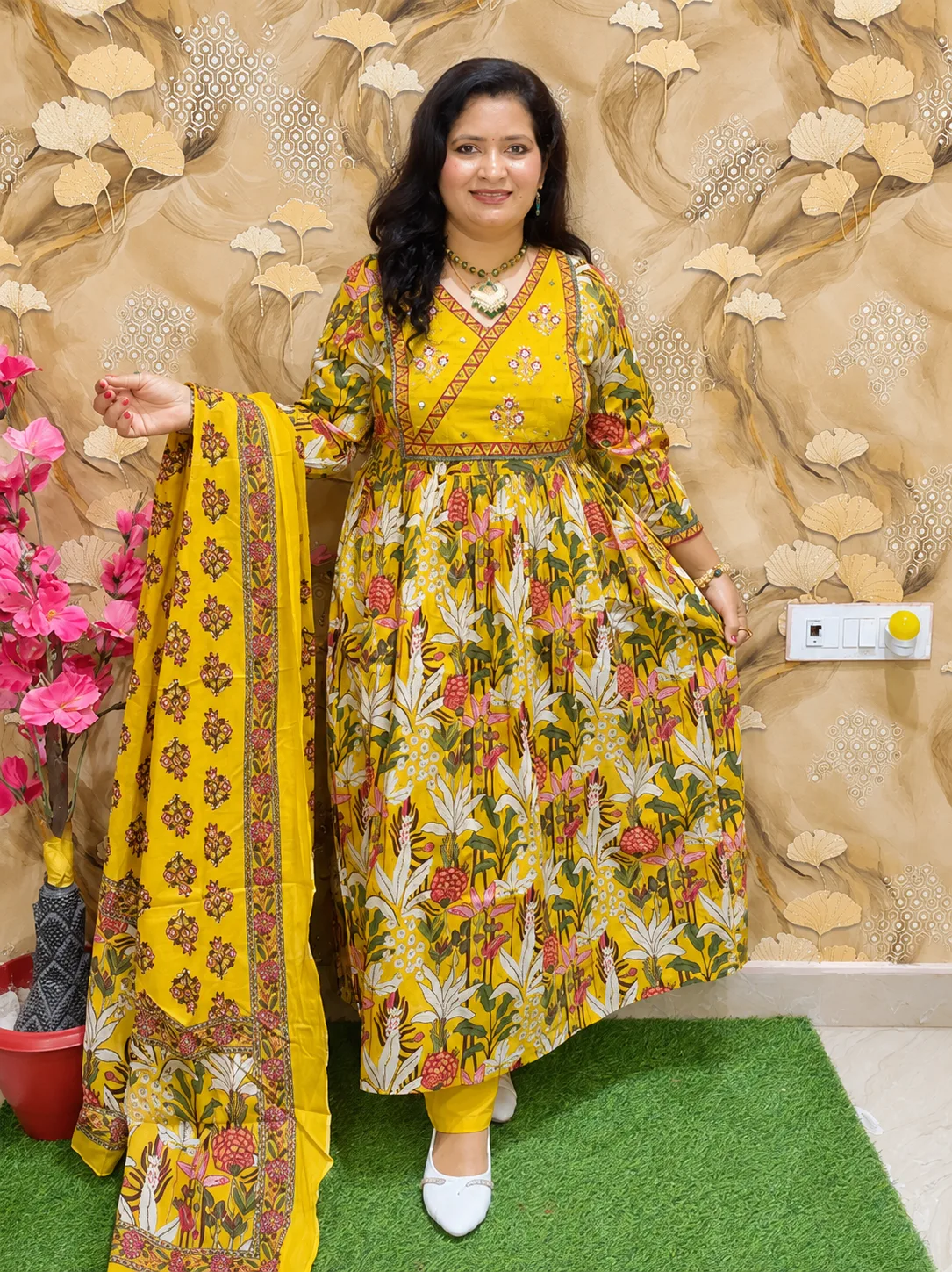 Floral Printed Pure Cotton Gathered Anarkali Kurta Pant Dupatta Set for Women 