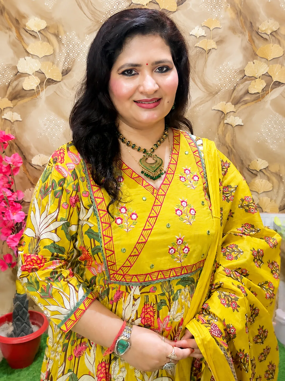 Floral Printed Pure Cotton Gathered Anarkali Kurta Pant Dupatta Set for Women 