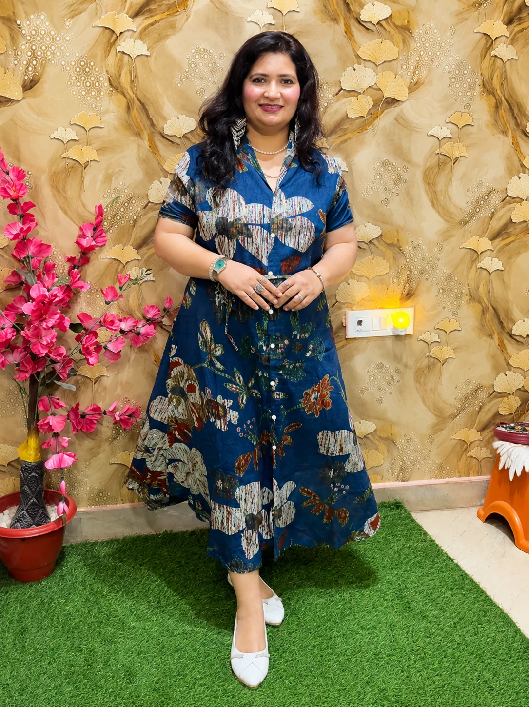 Women’s Blue Printed Rayon Midi Dress | Stylish Casual Wear Dress 