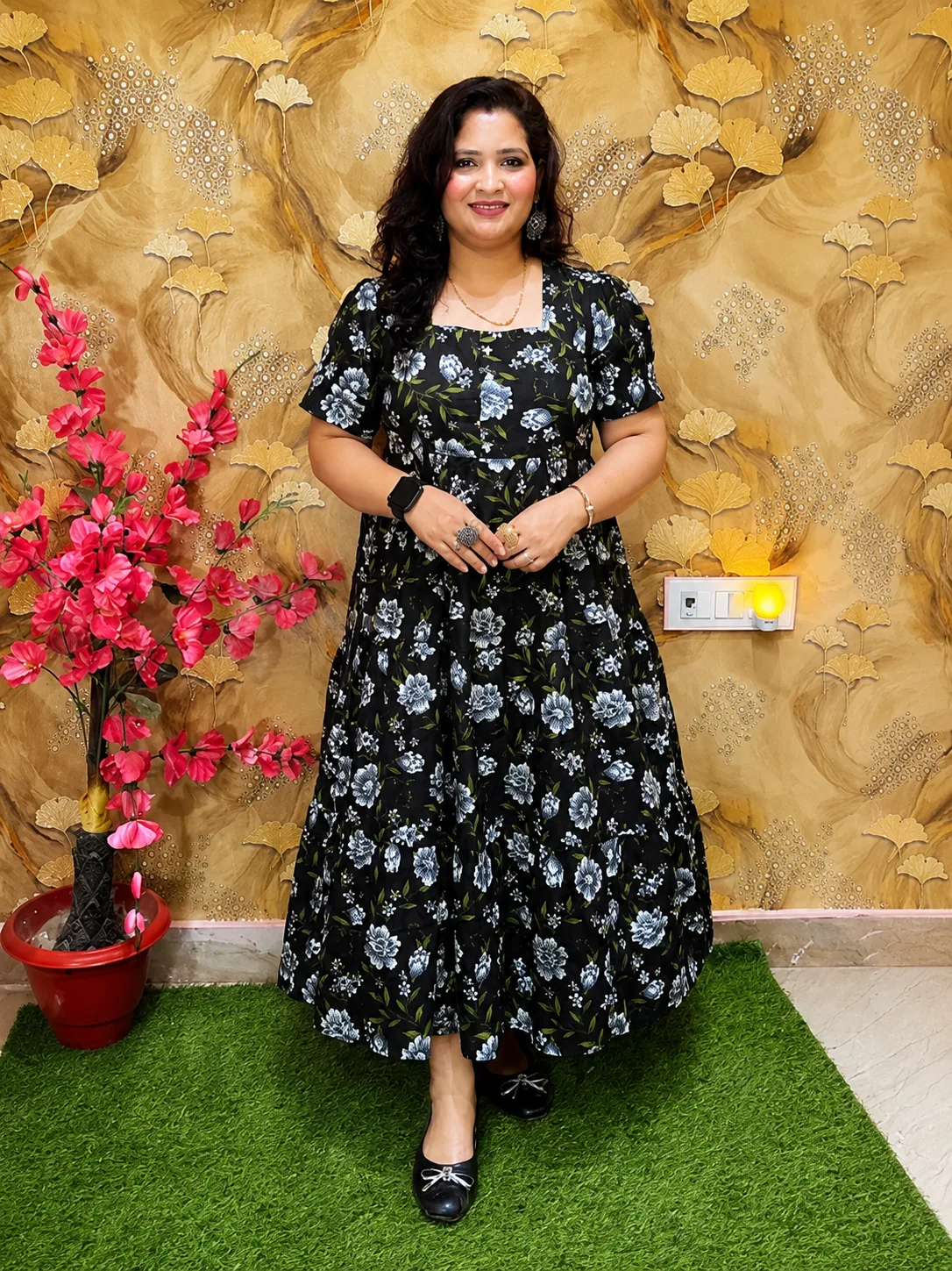 Women’s Pure Cotton Floral Printed Midi Dress | Square Neck One Piece Dress Black