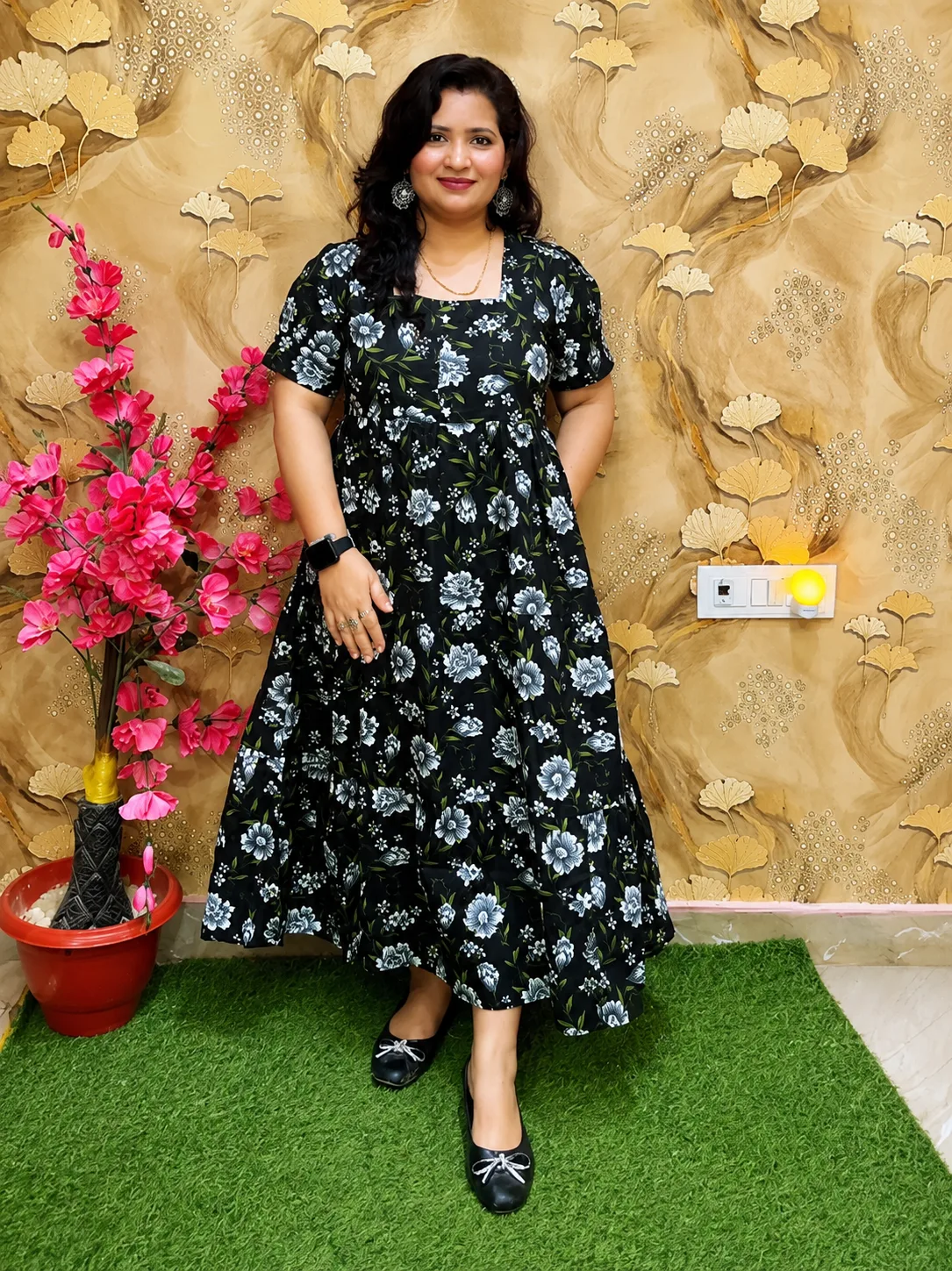 Women’s Pure Cotton Floral Printed Midi Dress | Square Neck One Piece Dress Black
