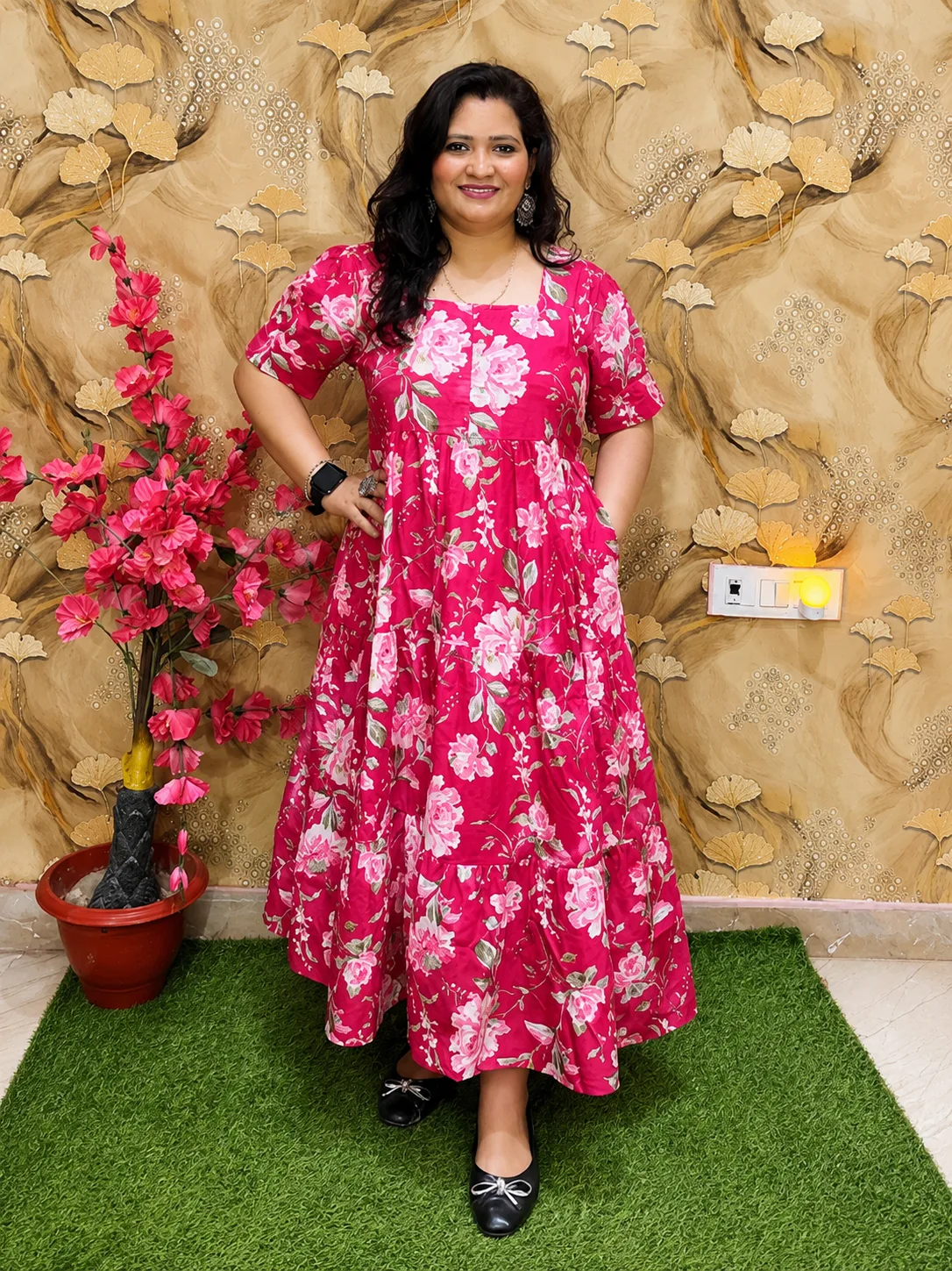 Women’s Pure Cotton Floral Printed Midi Dress | Square Neck One Piece Dress Pink