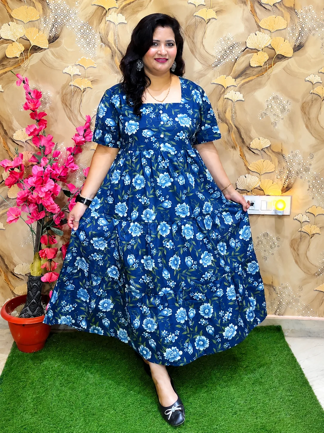 Women’s Pure Cotton Floral Printed Midi Dress | Square Neck One Piece Dress Blue