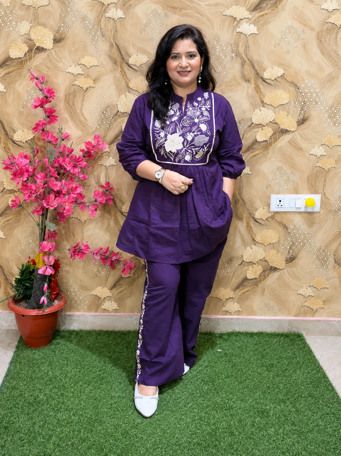 Pure Cotton Embroidered Co-Ord Set for Women | 2 Piece Kurta Plazo Set with Pockets Purple