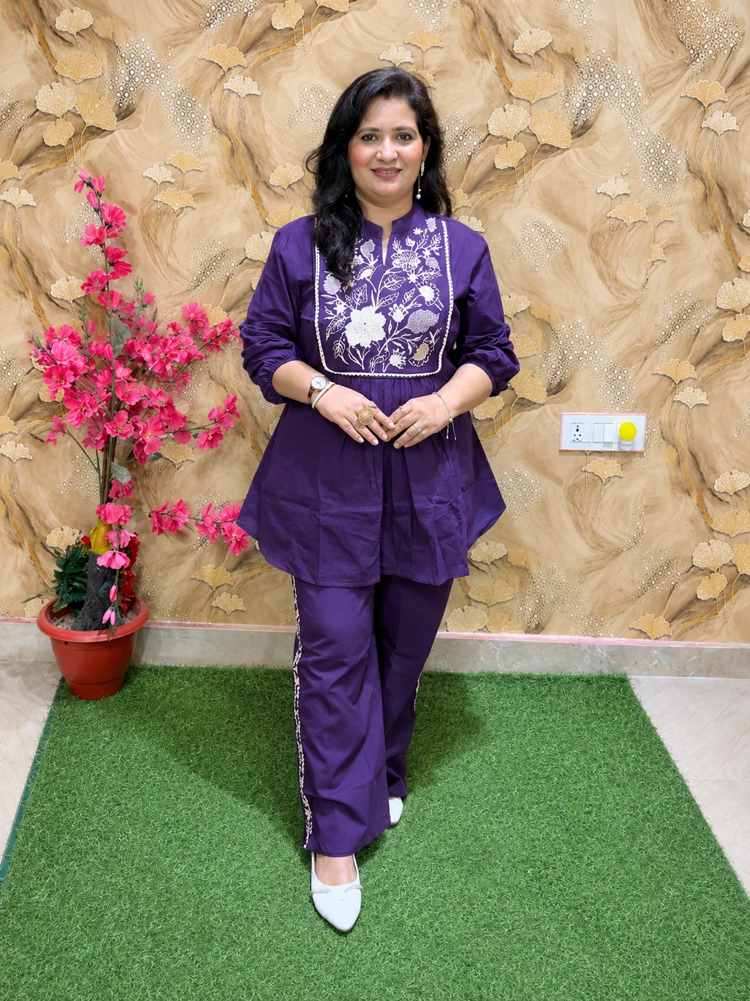 Pure Cotton Embroidered Co-Ord Set for Women | 2 Piece Kurta Plazo Set with Pockets Purple