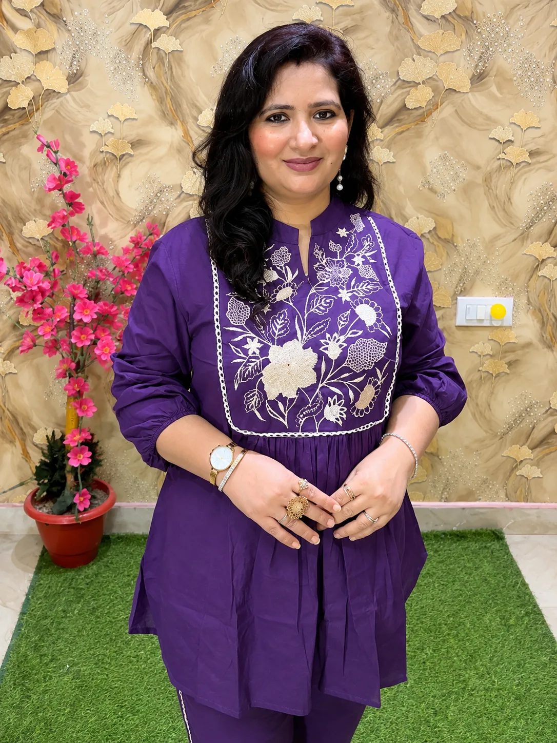 Pure Cotton Embroidered Co-Ord Set for Women | 2 Piece Kurta Plazo Set with Pockets Purple