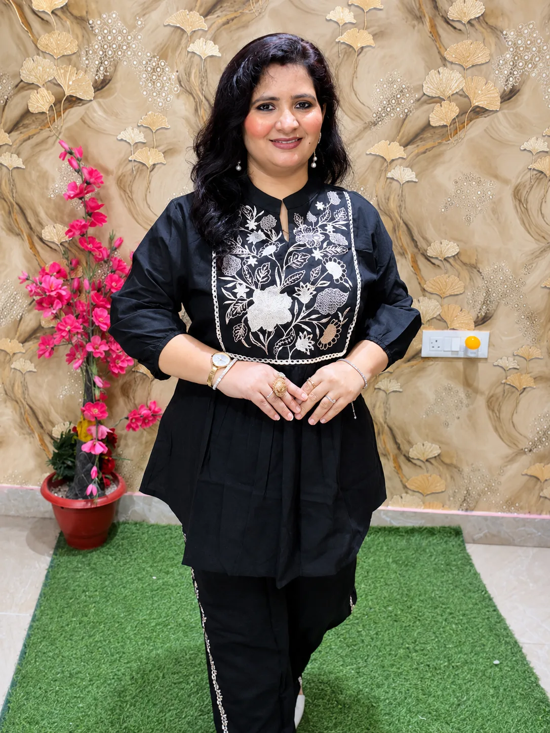 Pure Cotton Embroidered Co-Ord Set for Women | 2 Piece Kurta Plazo Set with Pockets Black