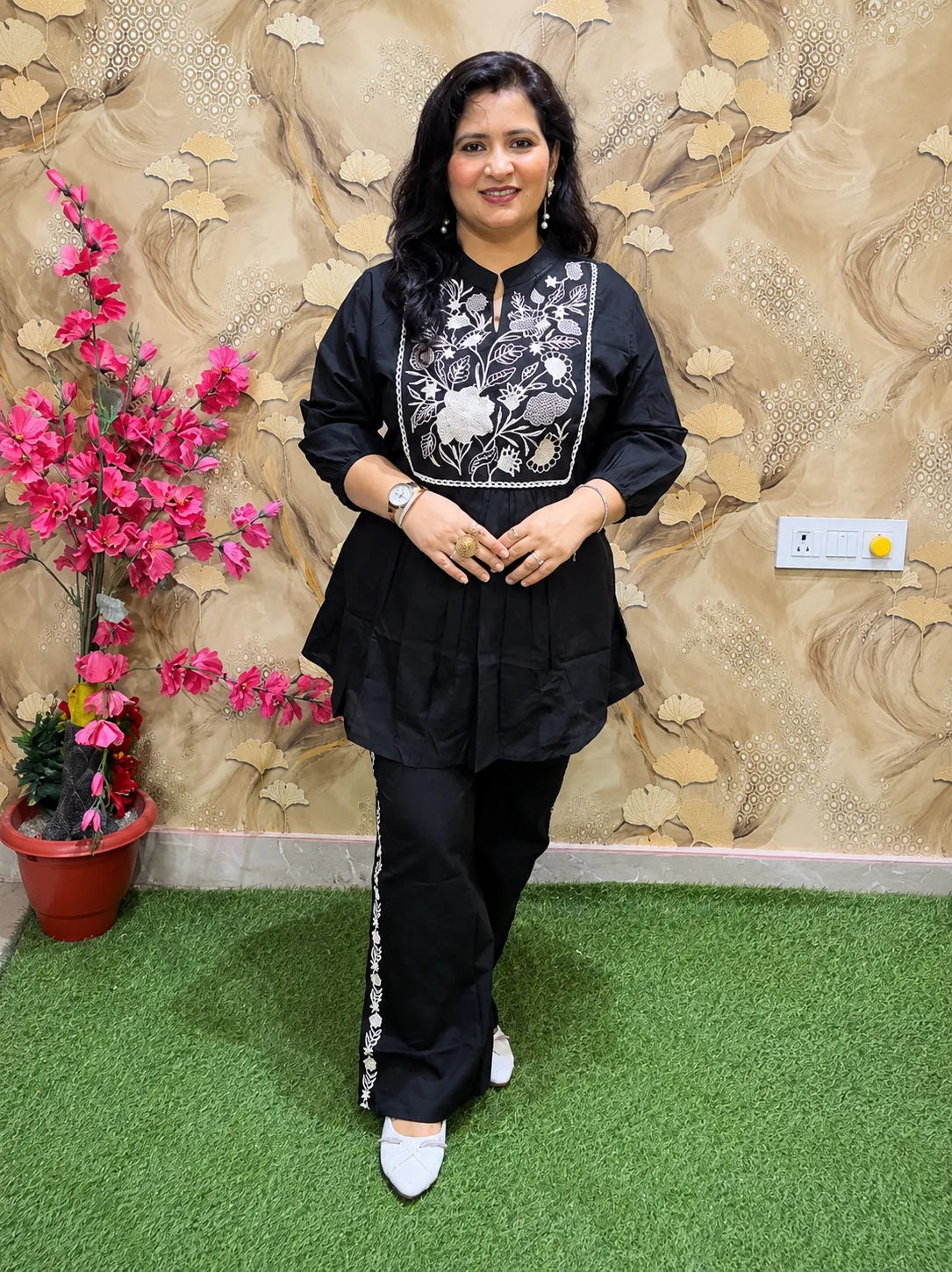 Pure Cotton Embroidered Co-Ord Set for Women | 2 Piece Kurta Plazo Set with Pockets Black