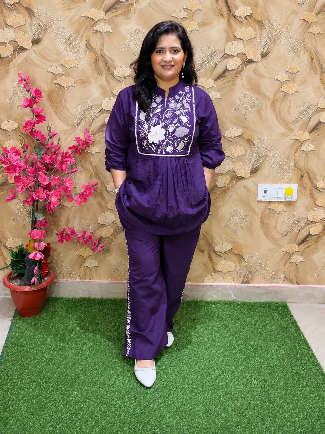 Pure Cotton Embroidered Co-Ord Set for Women | 2 Piece Kurta Plazo Set with Pockets Purple