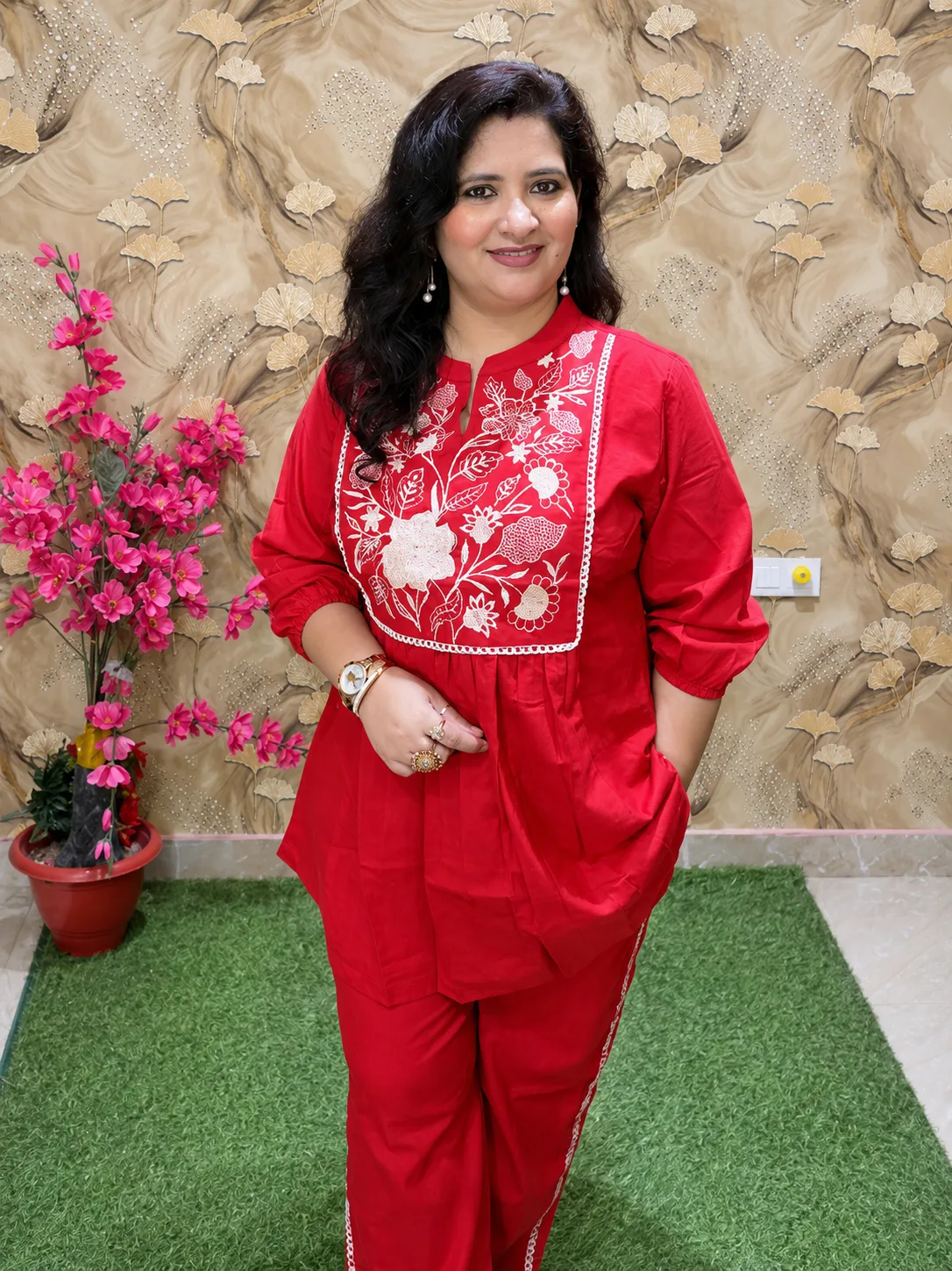 Pure Cotton Embroidered Co-Ord Set for Women | 2 Piece Kurta Plazo Set with Pockets Red