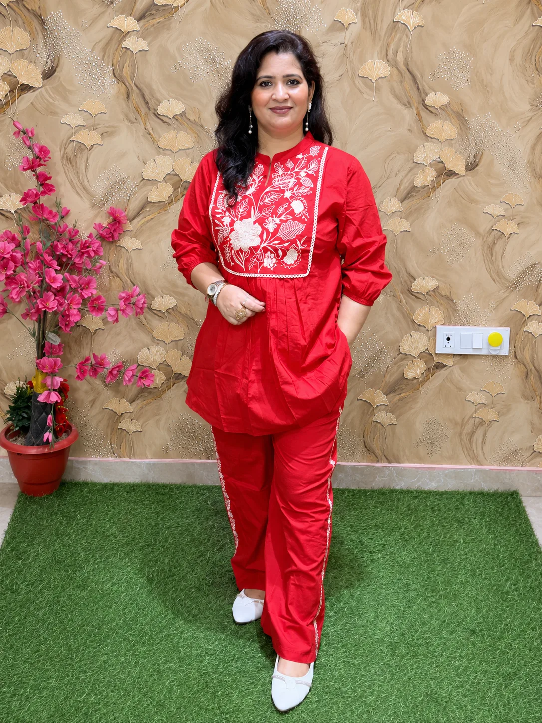 Pure Cotton Embroidered Co-Ord Set for Women | 2 Piece Kurta Plazo Set with Pockets Red