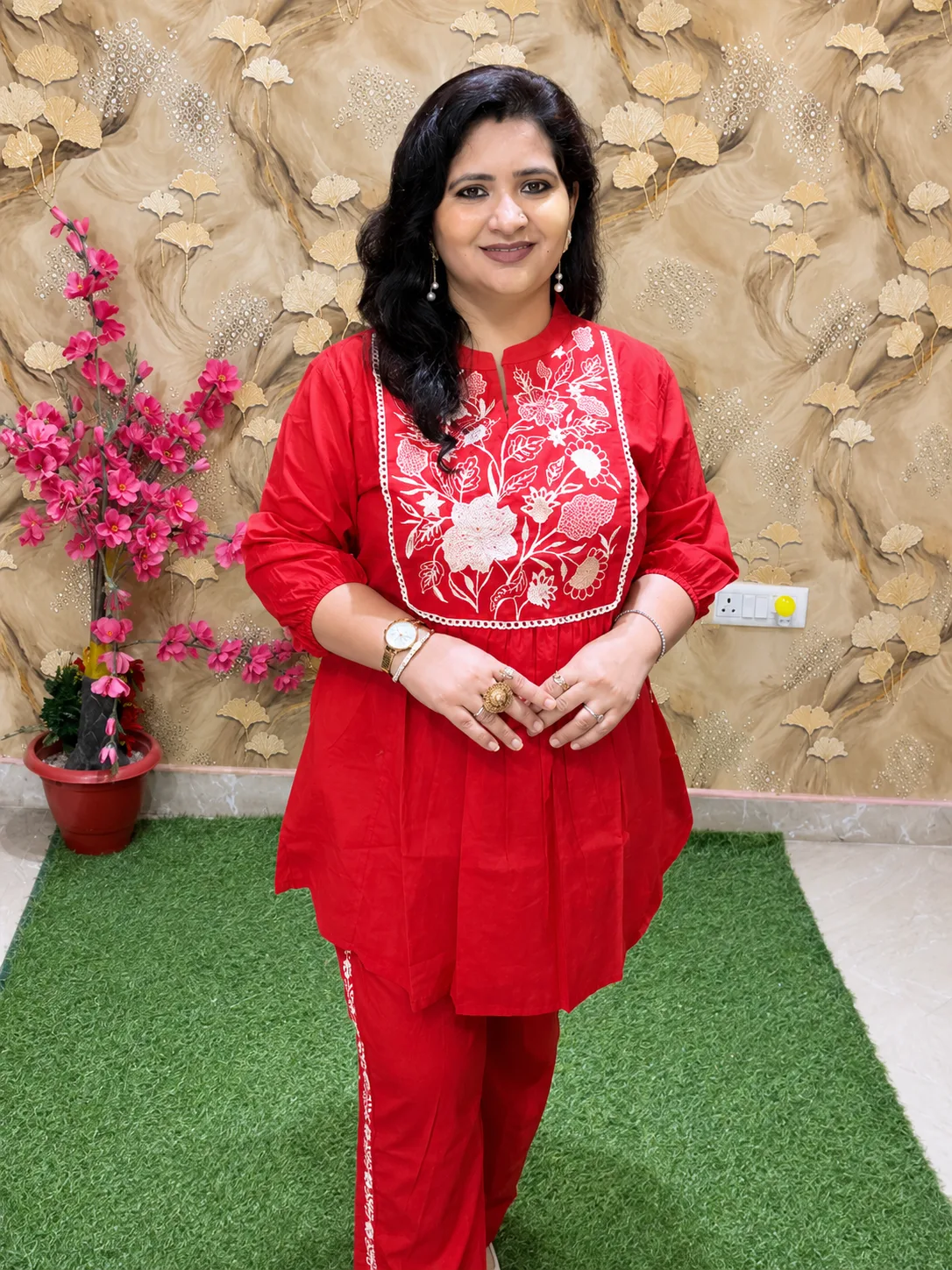 Pure Cotton Embroidered Co-Ord Set for Women | 2 Piece Kurta Plazo Set with Pockets Red