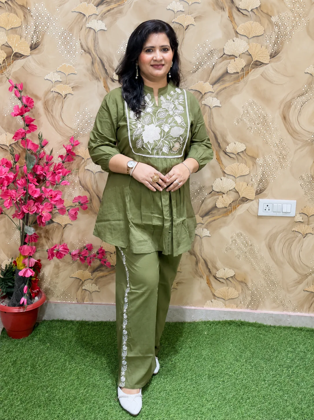 Pure Cotton Embroidered Co-Ord Set for Women | 2 Piece Kurta Plazo Set with Pockets Green