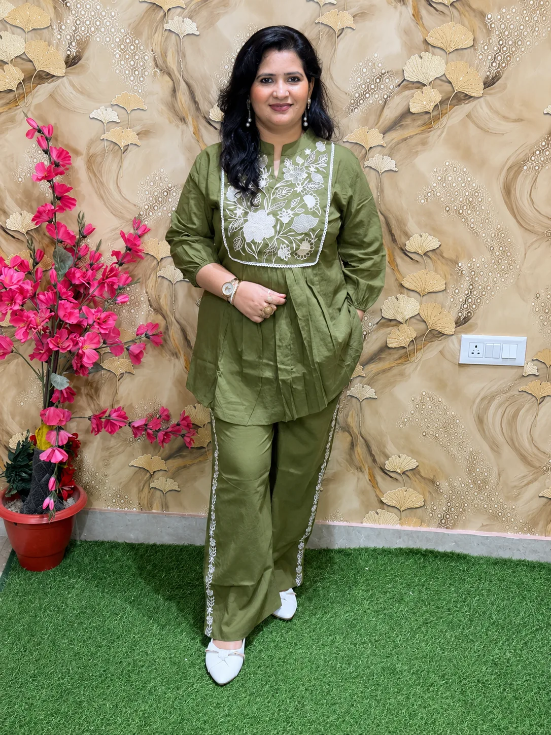 Pure Cotton Embroidered Co-Ord Set for Women | 2 Piece Kurta Plazo Set with Pockets Green