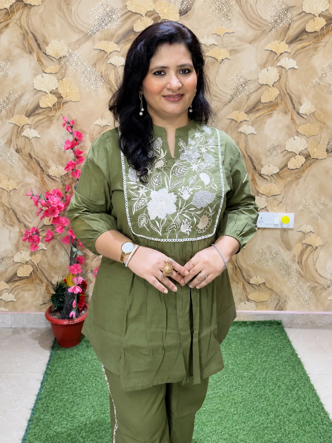 Pure Cotton Embroidered Co-Ord Set for Women | 2 Piece Kurta Plazo Set with Pockets Green