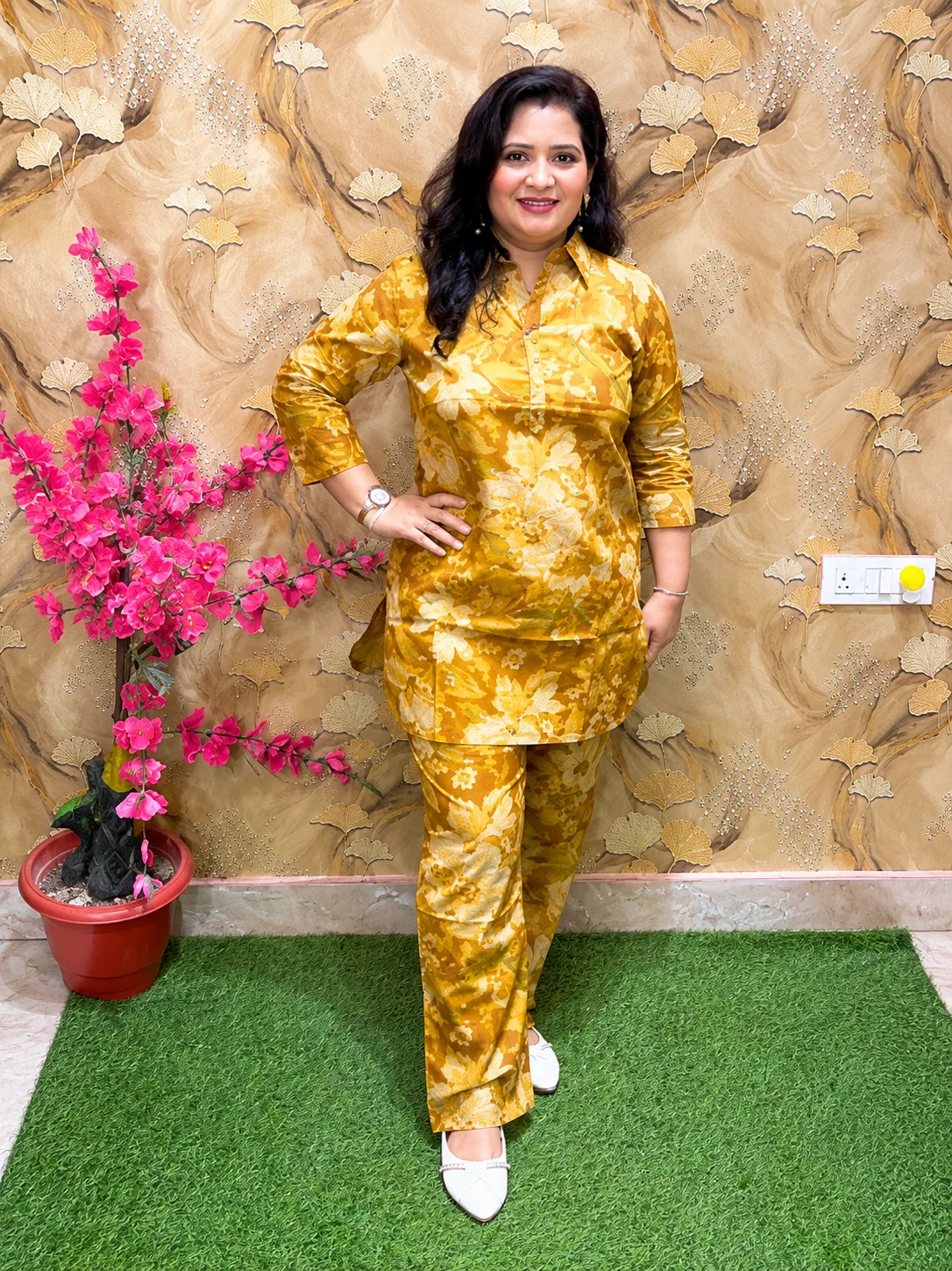 Pure Cotton Printed Co-Ord Set for Women | Collar Kurta with Parallel Pants & Pockets 