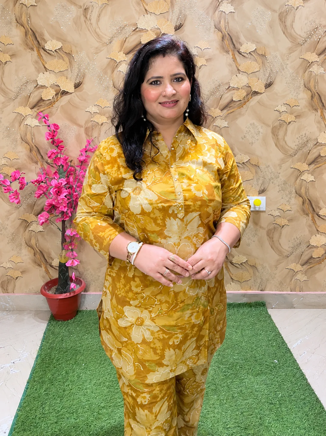 Pure Cotton Printed Co-Ord Set for Women | Collar Kurta with Parallel Pants & Pockets 