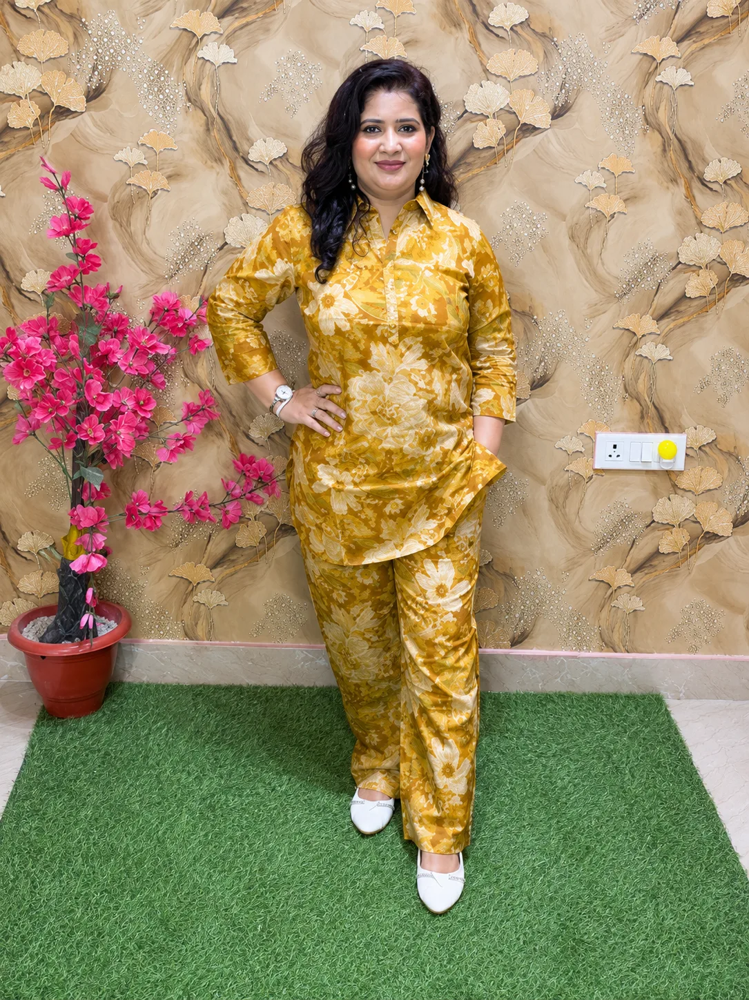 Pure Cotton Printed Co-Ord Set for Women | Collar Kurta with Parallel Pants & Pockets