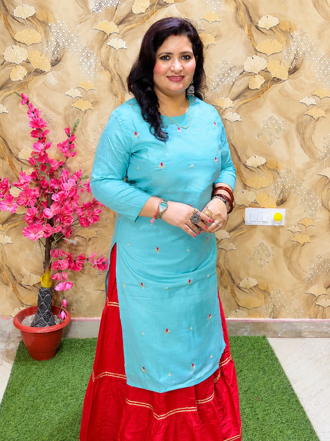 Women Silk Kurta with Rayon Skirt Set | 2 Piece Ethnic Kurta Skirt Outfit 