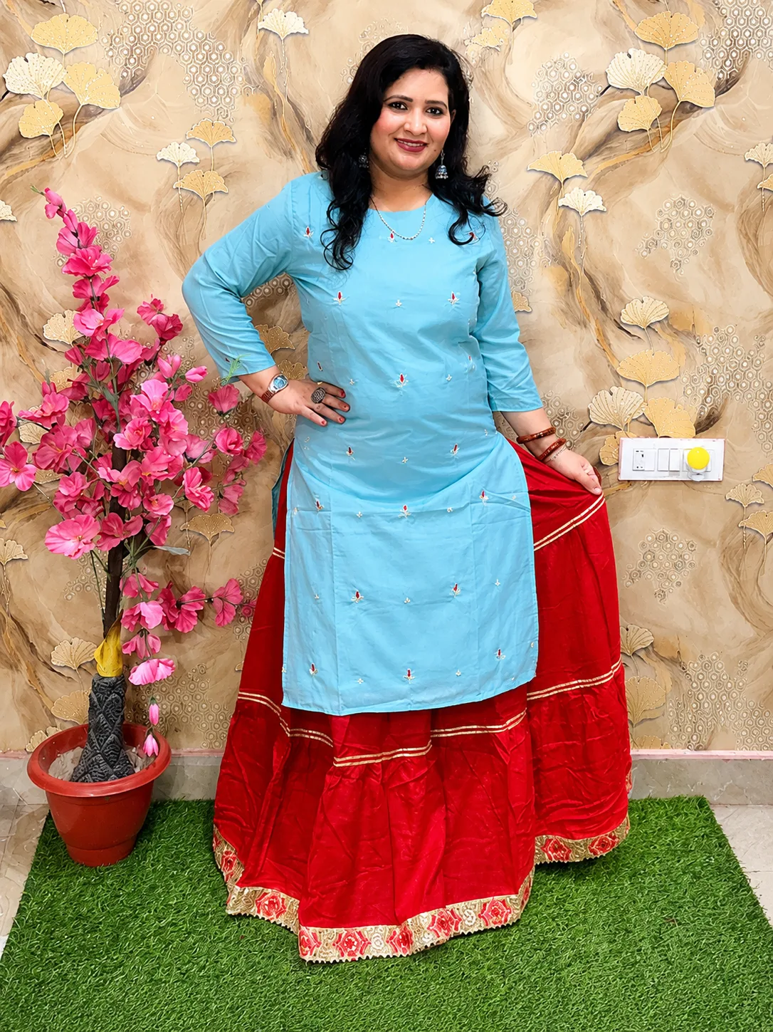Women Silk Kurta with Rayon Skirt Set | 2 Piece Ethnic Kurta Skirt Outfit 