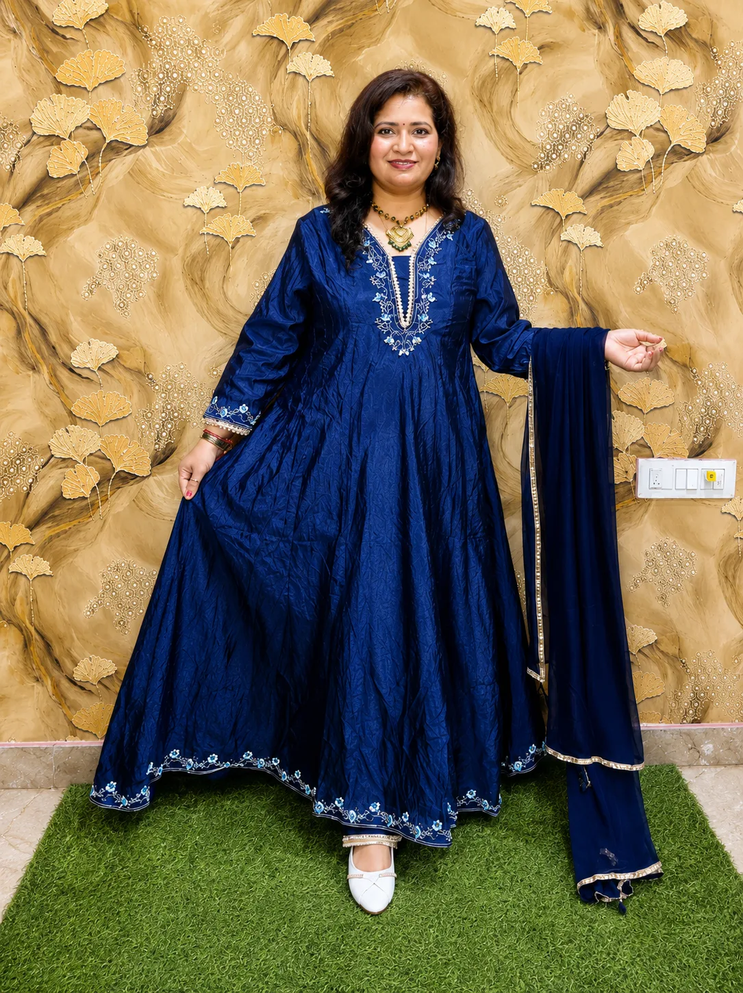 Women’s Party Wear Silk Anarkali Suit Set | 3 Piece Shoulder Cut Anarkali with Dupatta | Pearl, Zari & Thread Embroidered Gown Style Kurta 