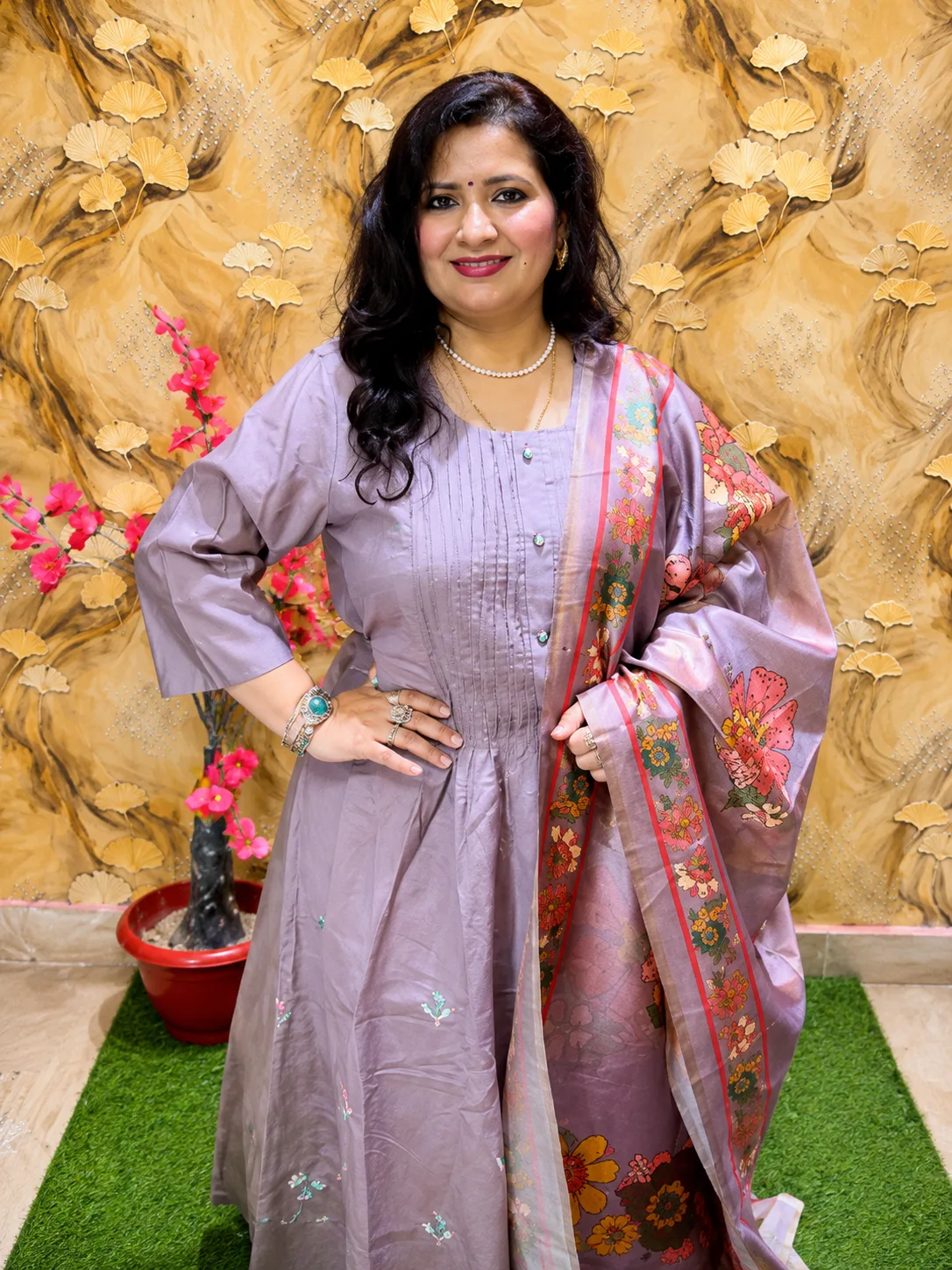 Premium Silk Party Wear 3 Piece Anarkali Suit Set for Women | Pintex Neckline Design | Embroidered Gathered Kurta with Pant & Dupatta 
