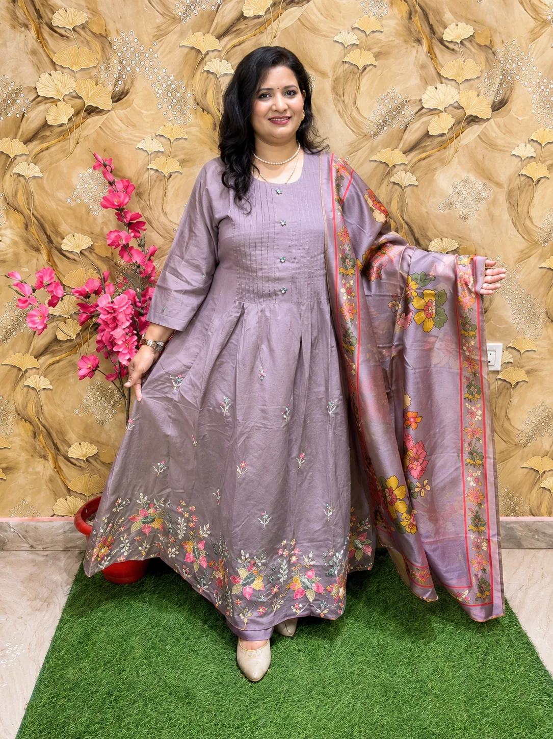 Premium Silk Party Wear 3 Piece Anarkali Suit Set for Women | Pintex Neckline Design | Embroidered Gathered Kurta with Pant & Dupatta 