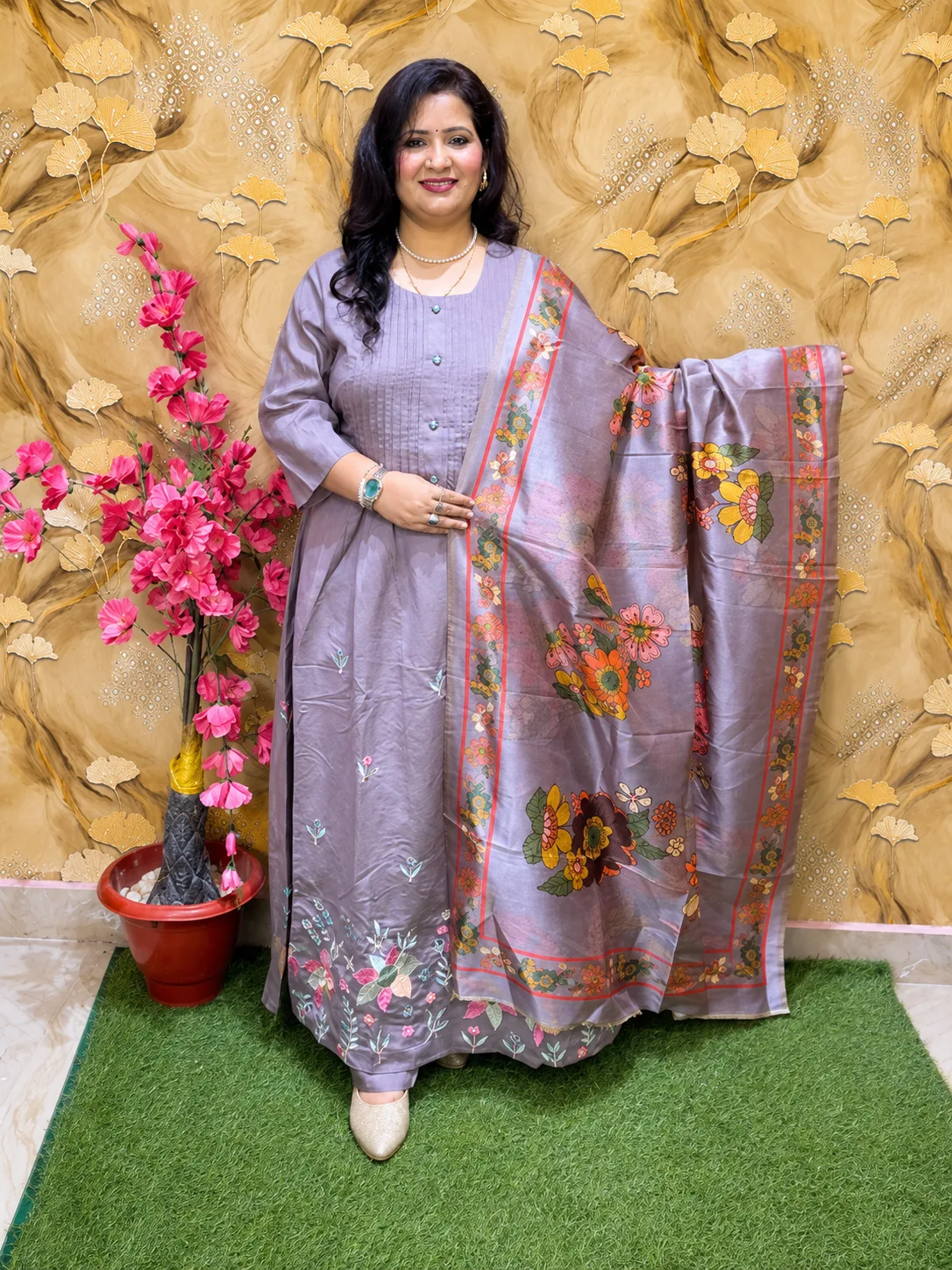 Premium Silk Party Wear 3 Piece Anarkali Suit Set for Women | Pintex Neckline Design | Embroidered Gathered Kurta with Pant & Dupatta 
