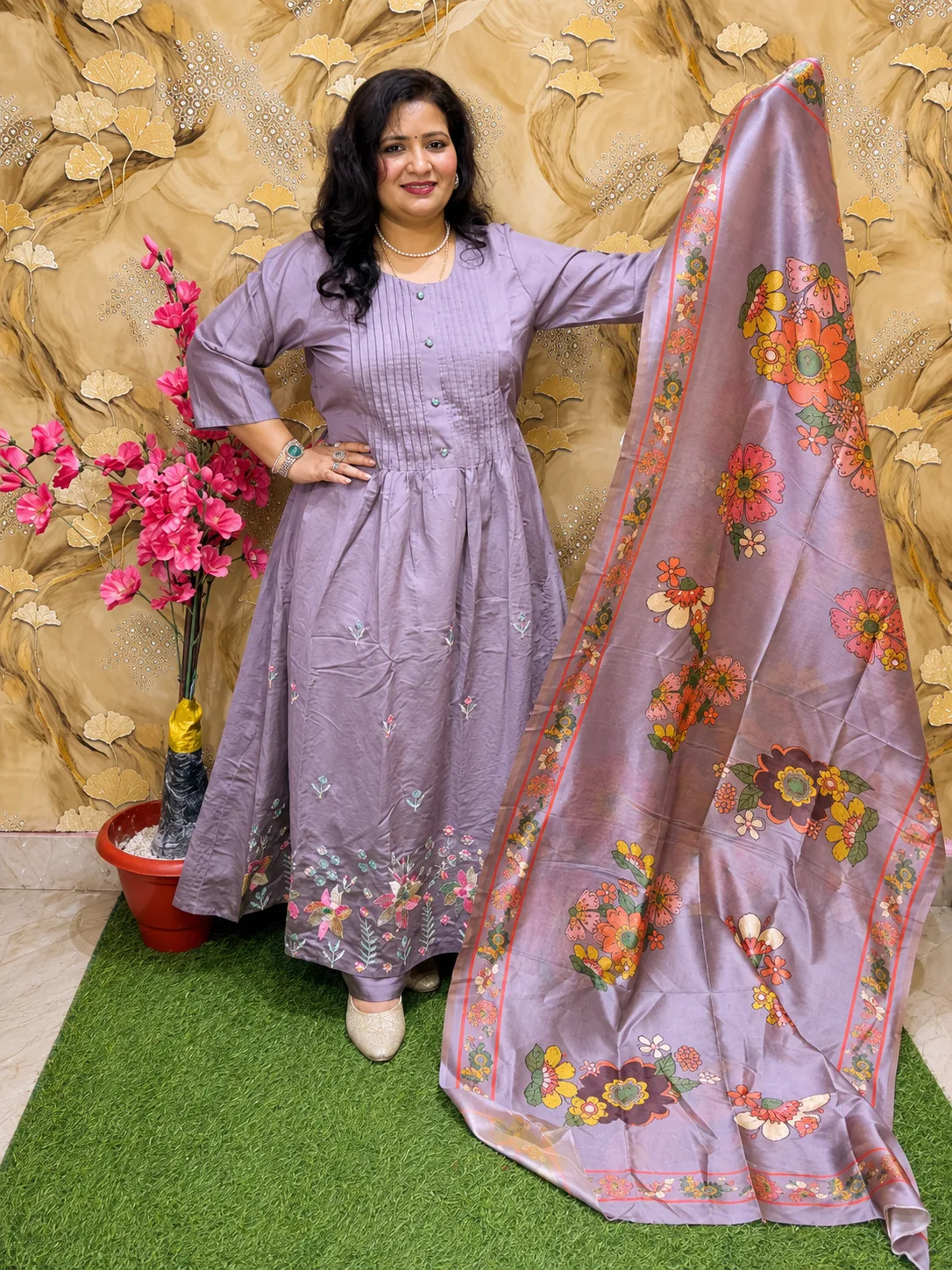 Premium Silk Party Wear 3 Piece Anarkali Suit Set for Women | Pintex Neckline Design | Embroidered Gathered Kurta with Pant & Dupatta 