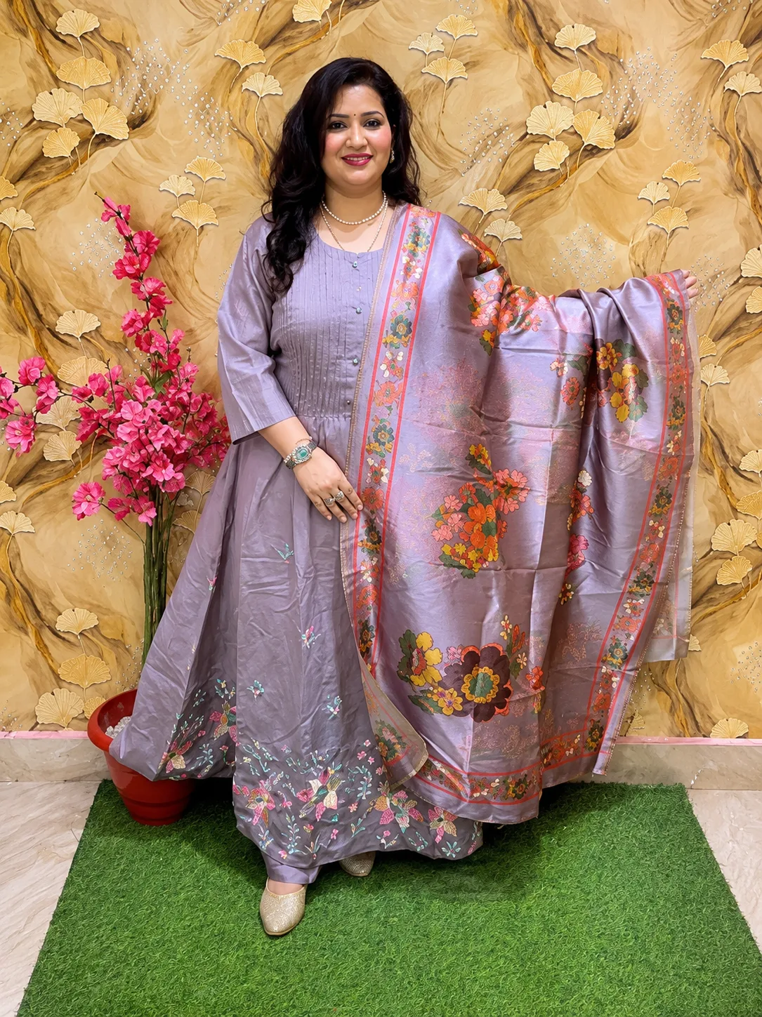 Premium Silk Party Wear 3 Piece Anarkali Suit Set for Women | Pintex Neckline Design | Embroidered Gathered Kurta with Pant & Dupatta 