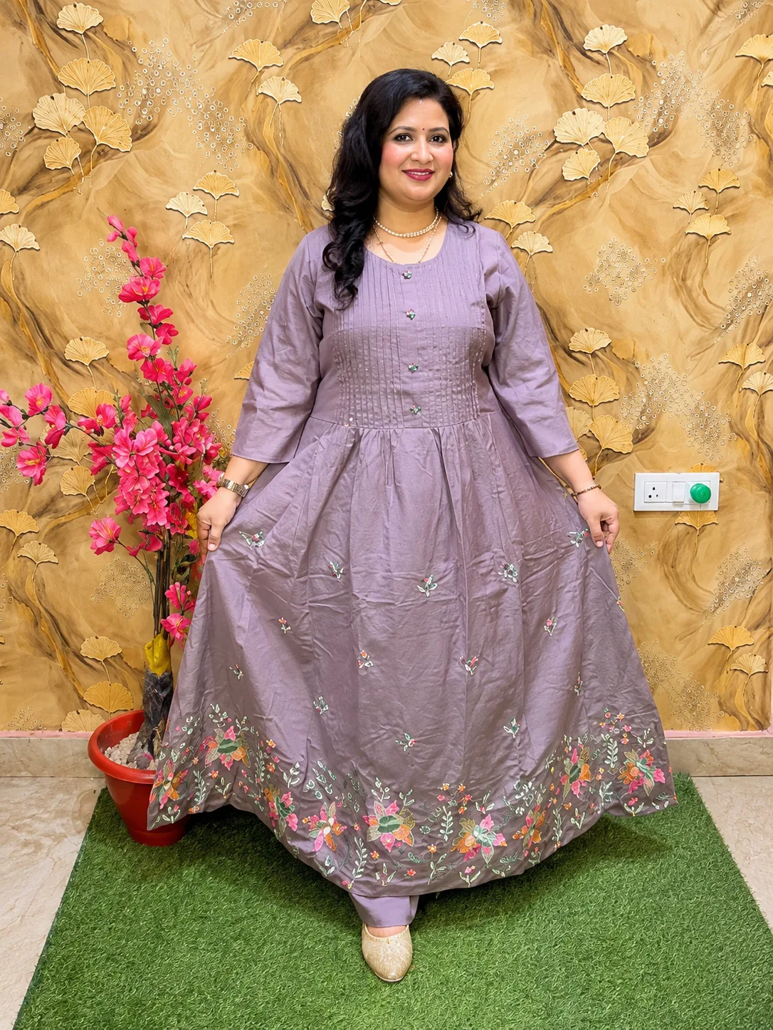 Premium Silk Party Wear 3 Piece Anarkali Suit Set for Women | Pintex Neckline Design | Embroidered Gathered Kurta with Pant & Dupatta 