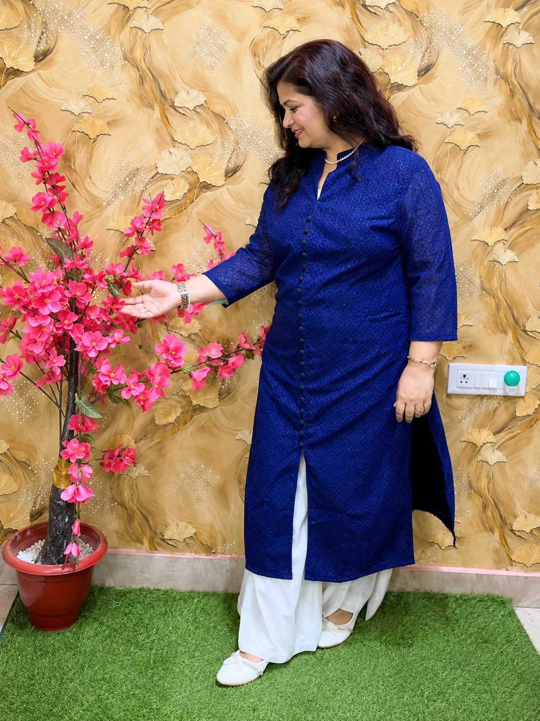 Women Chikankari Straight Kurti in Premium Fine Georgette with Crepe Lining | Front Cut Design | Ethnic Wear Kurta Blue