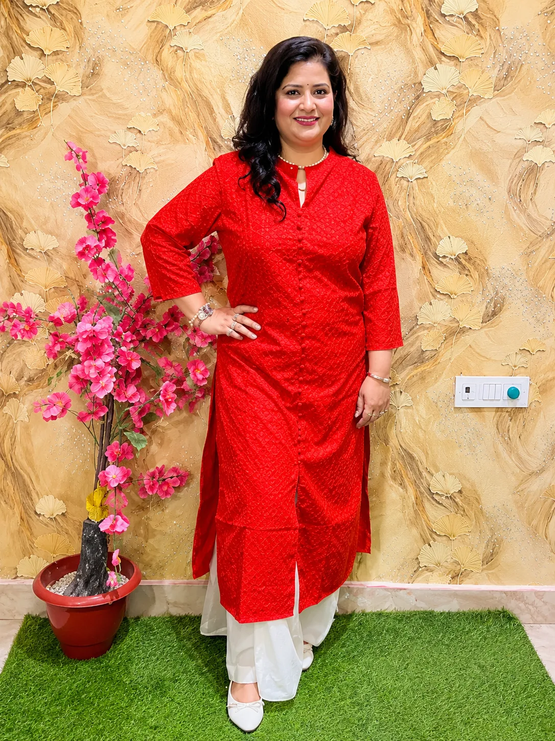 Women Chikankari Straight Kurti in Premium Fine Georgette with Crepe Lining | Front Cut Design | Ethnic Wear Kurta Red
