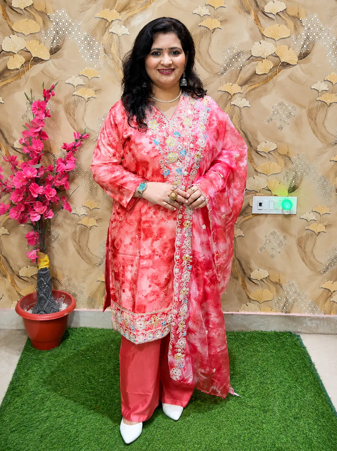 Women’s Premium Silk 3-Piece Party Wear Suit with Embroidered Panel Kurta & Plazo 