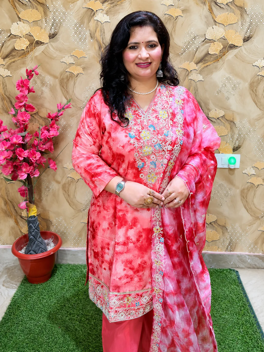 Women’s Premium Silk 3-Piece Party Wear Suit with Embroidered Panel Kurta & Plazo 