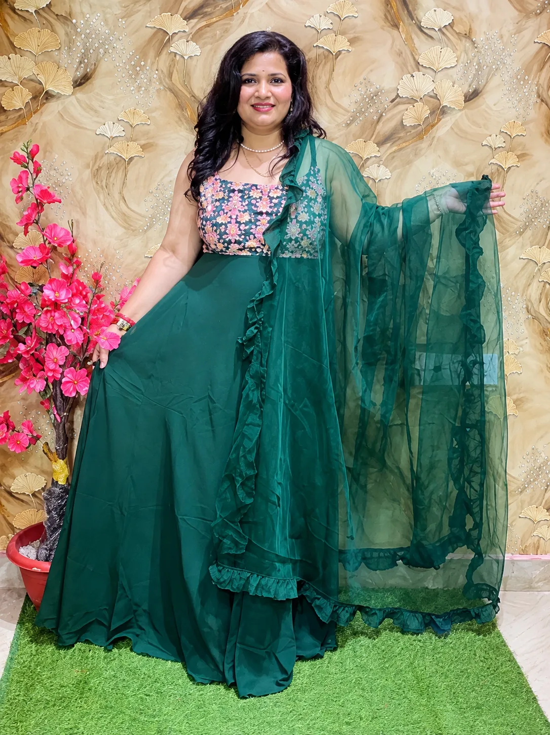 Women’s Pure Georgette Green Gown with Embroidered Yoke & Dupatta 