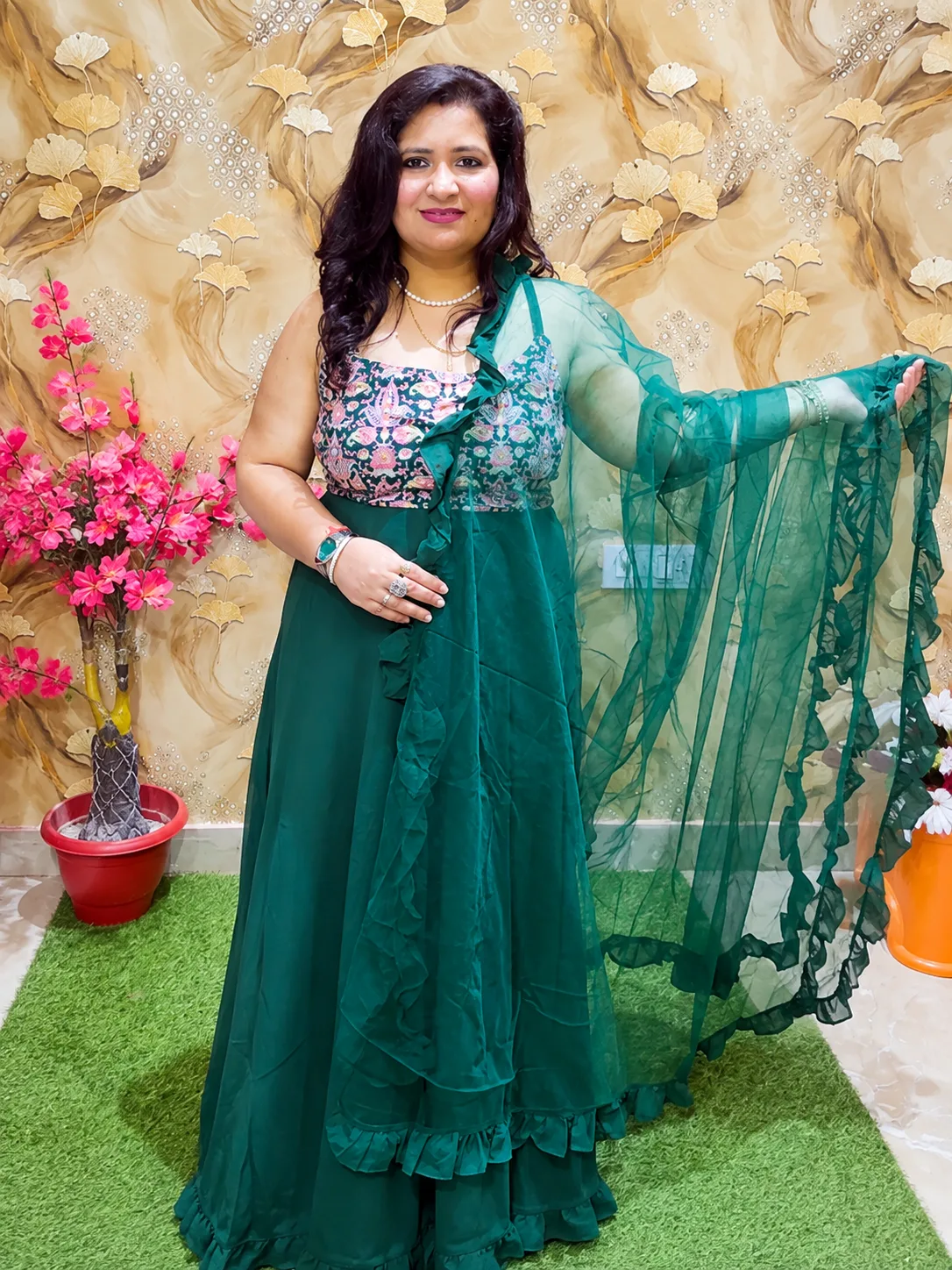 Women’s Pure Georgette Green Gown with Embroidered Yoke & Dupatta 