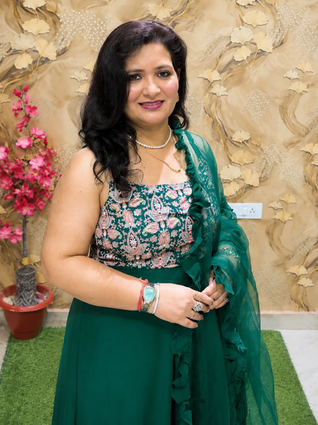 Women’s Pure Georgette Green Gown with Embroidered Yoke & Dupatta 