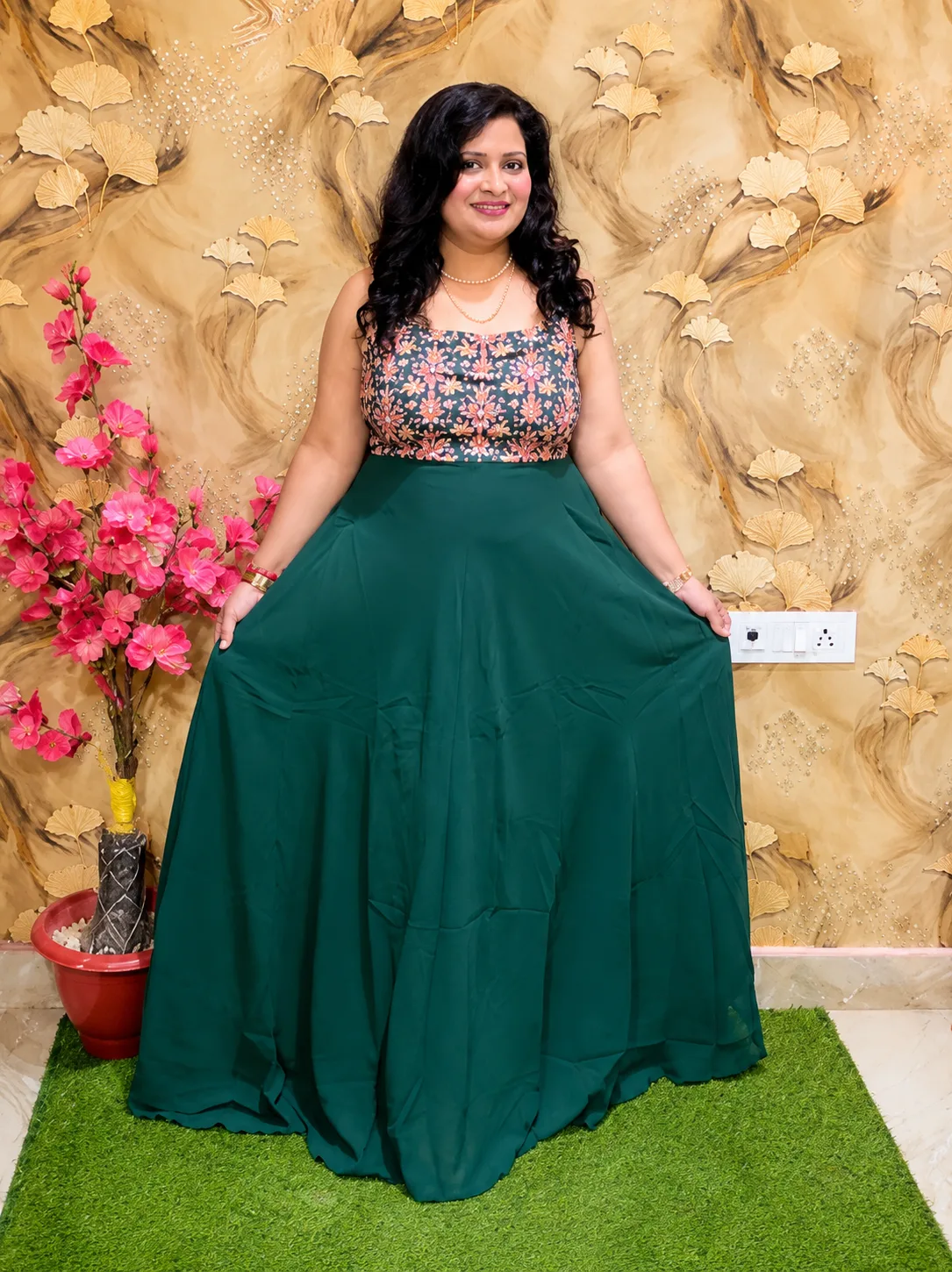 Women’s Pure Georgette Green Gown with Embroidered Yoke & Dupatta 
