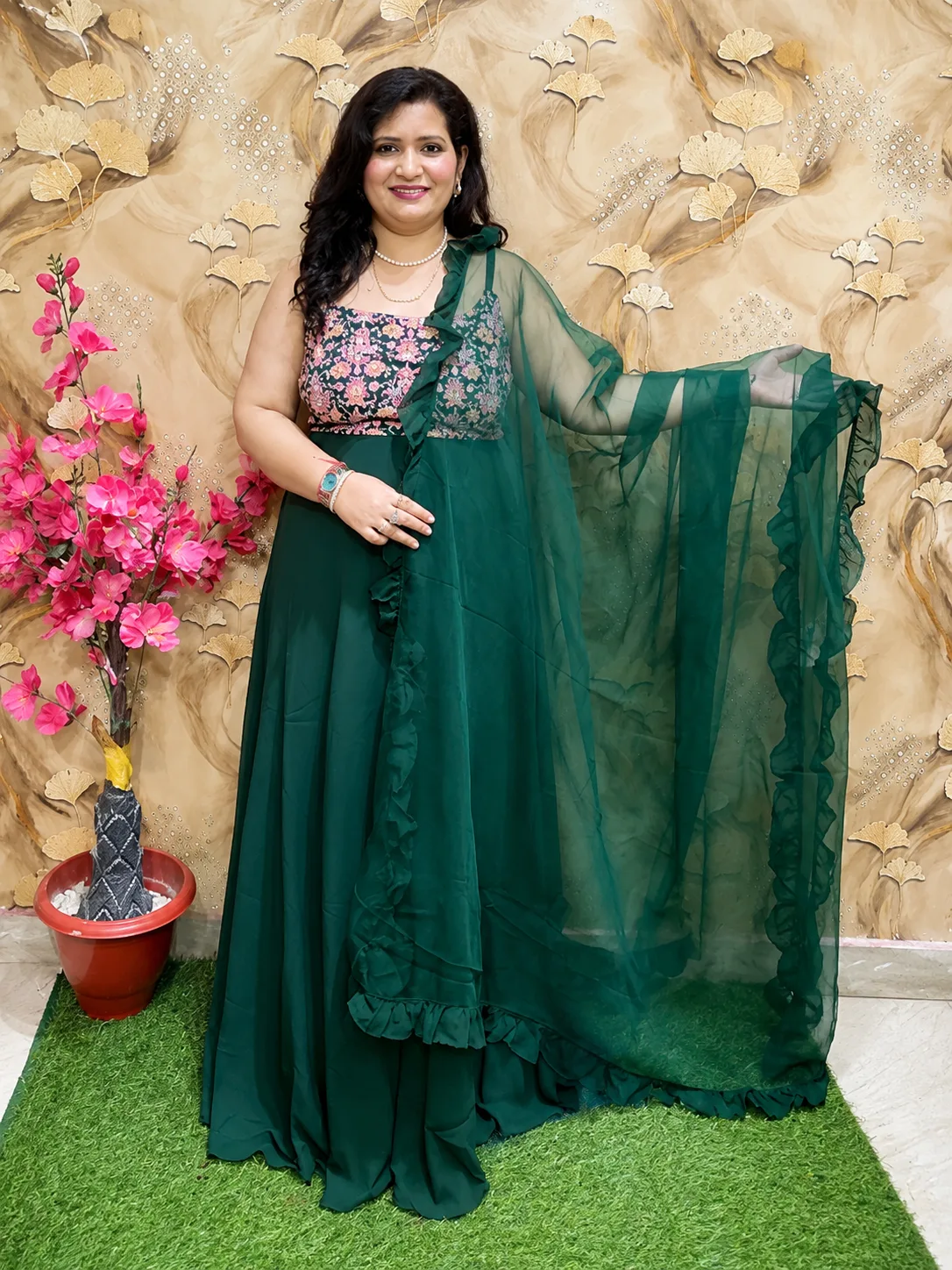 Women’s Pure Georgette Green Gown with Embroidered Yoke & Dupatta 