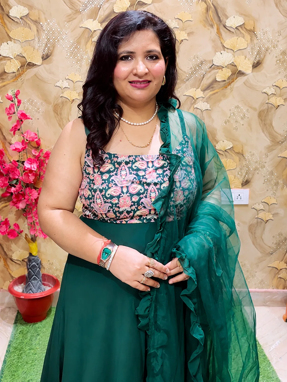 Women’s Pure Georgette Green Gown with Embroidered Yoke & Dupatta