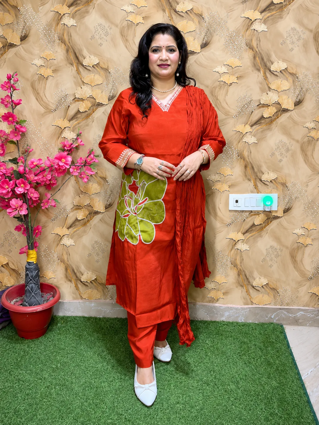 Premium Silk 3-Piece Embroidered Kurta Pant Set with Appliqué Work & Silk Dupatta