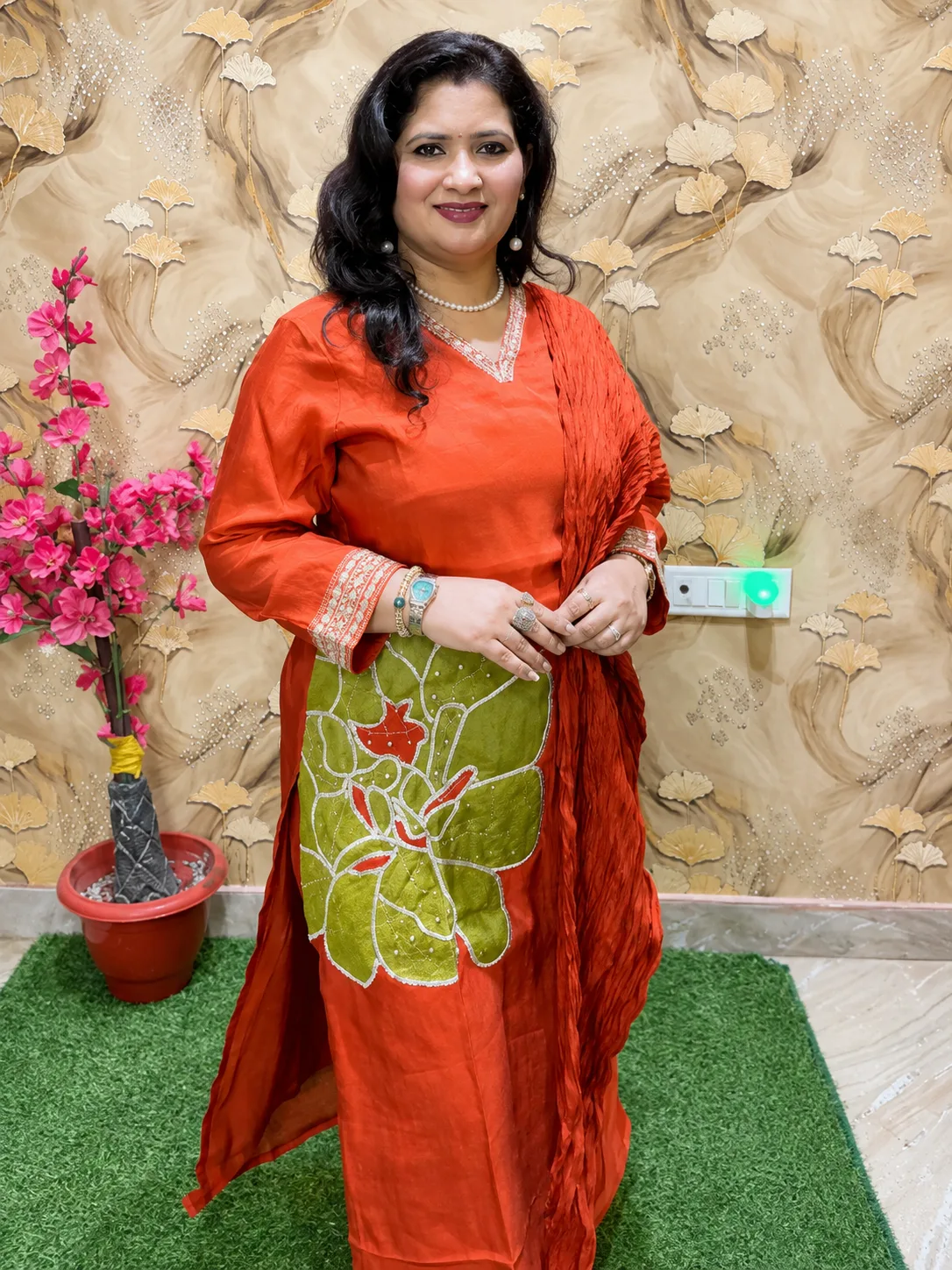Premium Silk 3-Piece Embroidered Kurta Pant Set with Appliqué Work & Silk Dupatta 