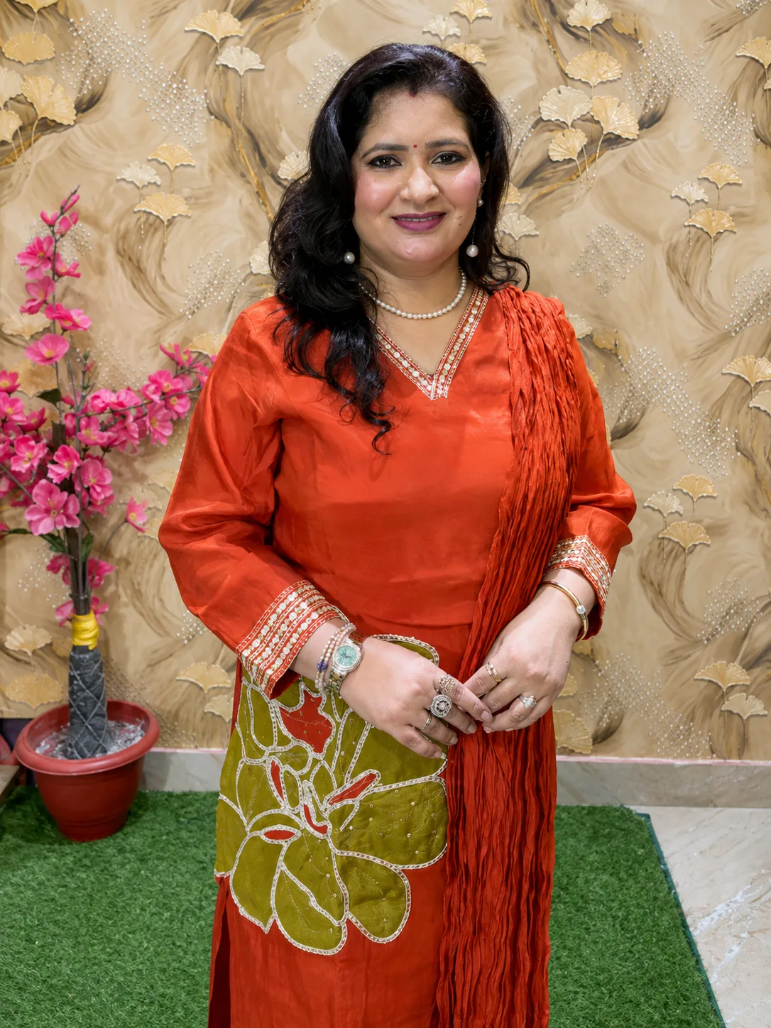 Premium Silk 3-Piece Embroidered Kurta Pant Set with Appliqué Work & Silk Dupatta 