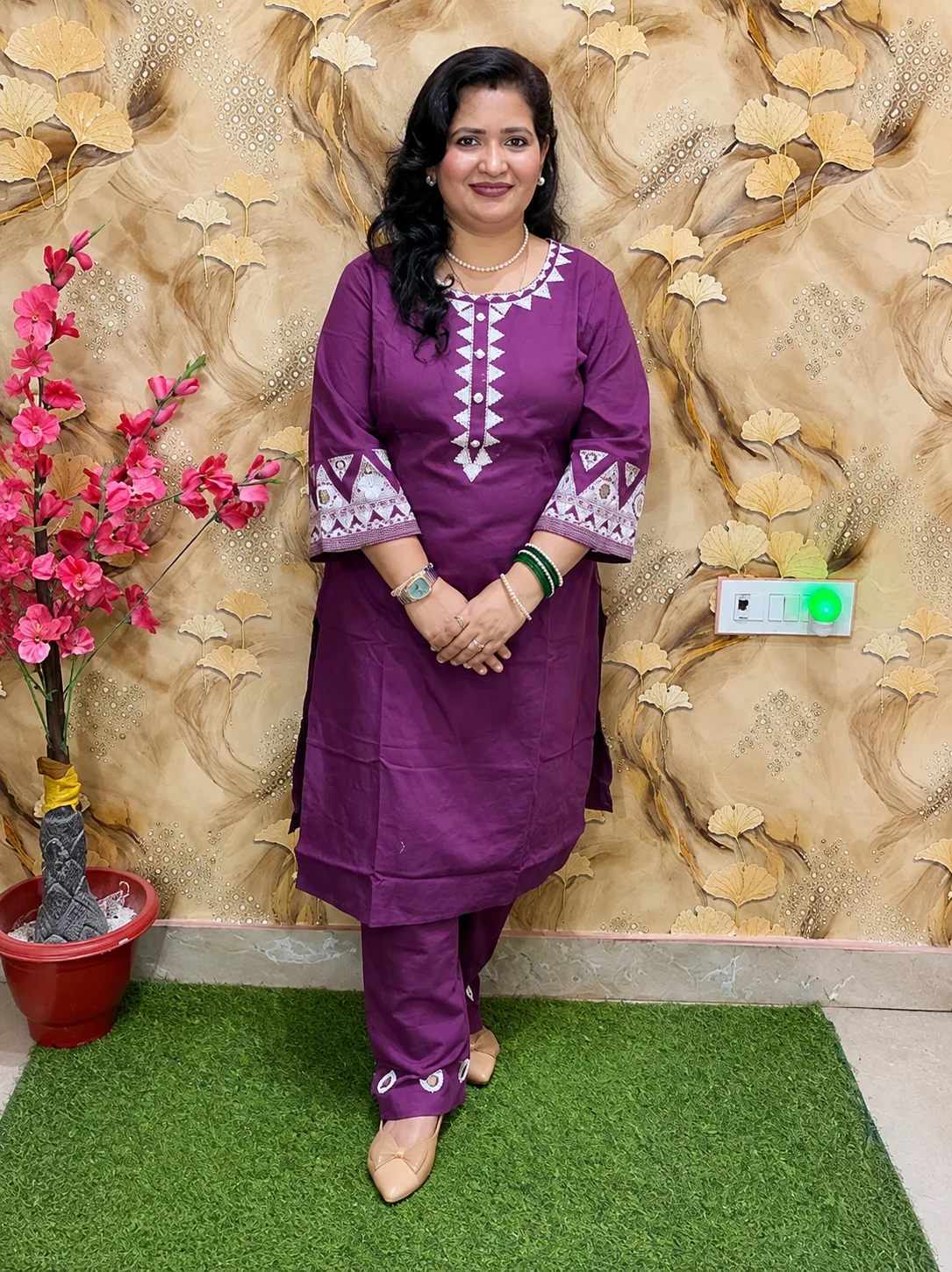 Women’s Purple Cotton Flex 2 Pc Kurta Pant Set with Embroidered Neckline, Sleeves & Bottom